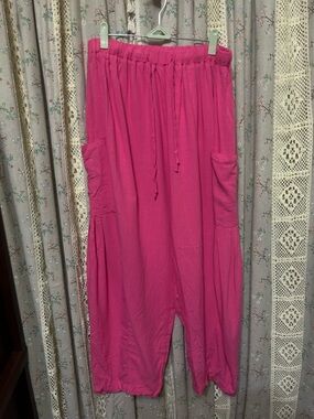 Tarse Pink Linen Blend Barrel Leg Pants Elastic Waist Pockets Medium